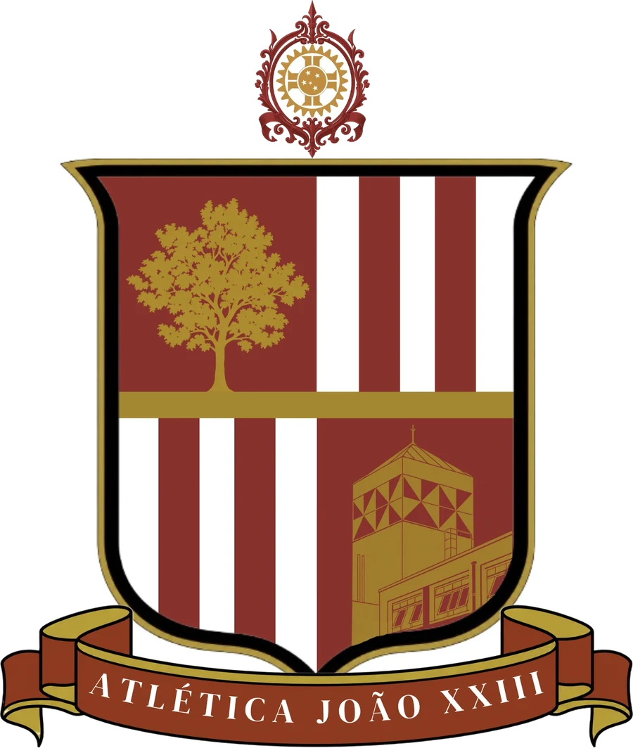 Escudo da Atlética João XXIII, com a árvore, o prédio do colégio e as listras bordô e brancas