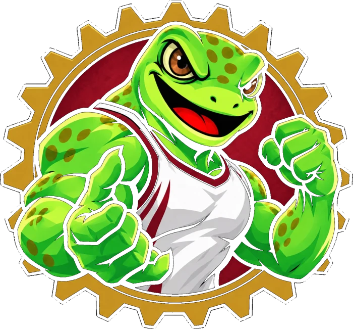 Mascote da AECJ: um lagarto de regata bordô e branca dentro de uma engrenagem dourada
