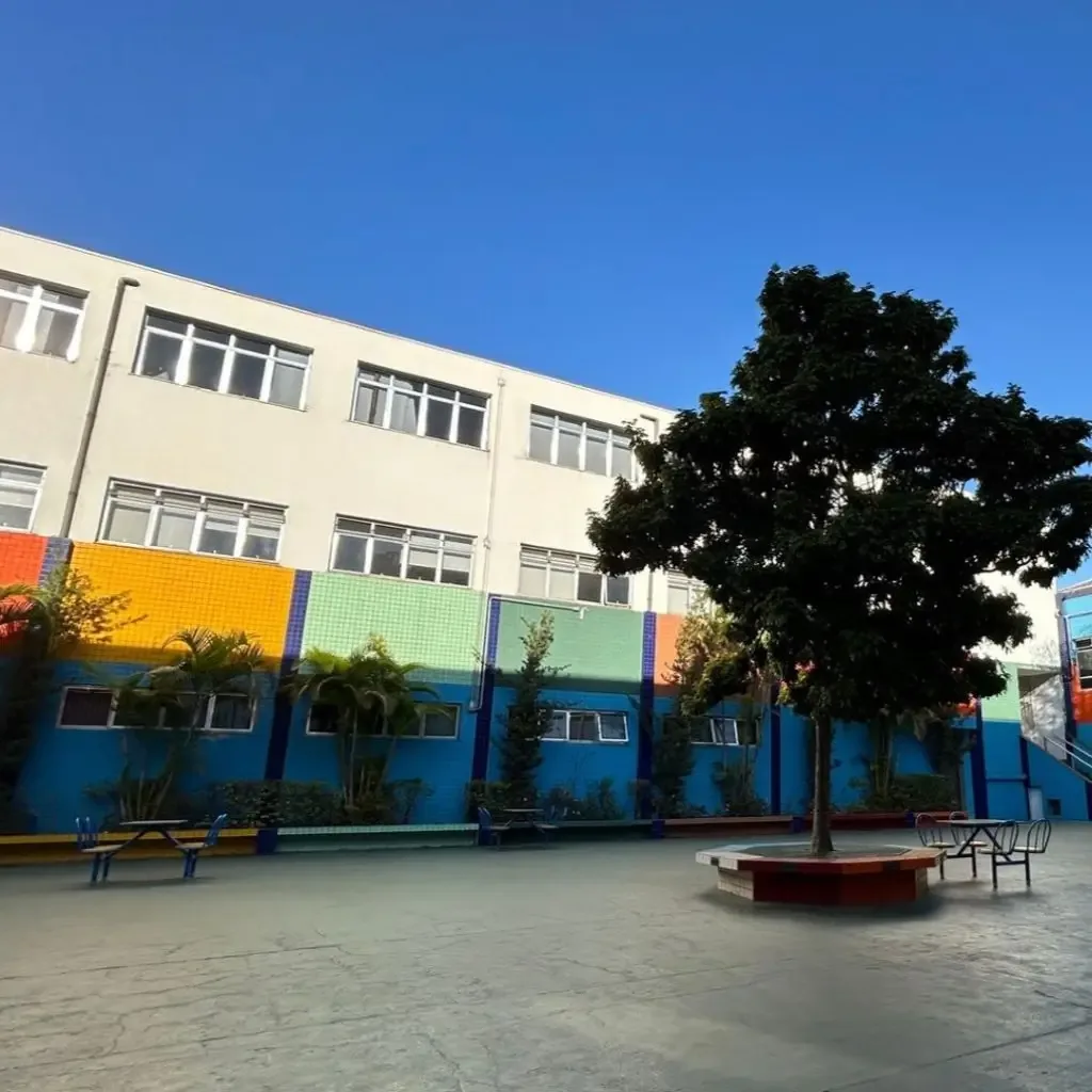 Pátio do Colégio João XXIII, com a árvore e o prédio colorido